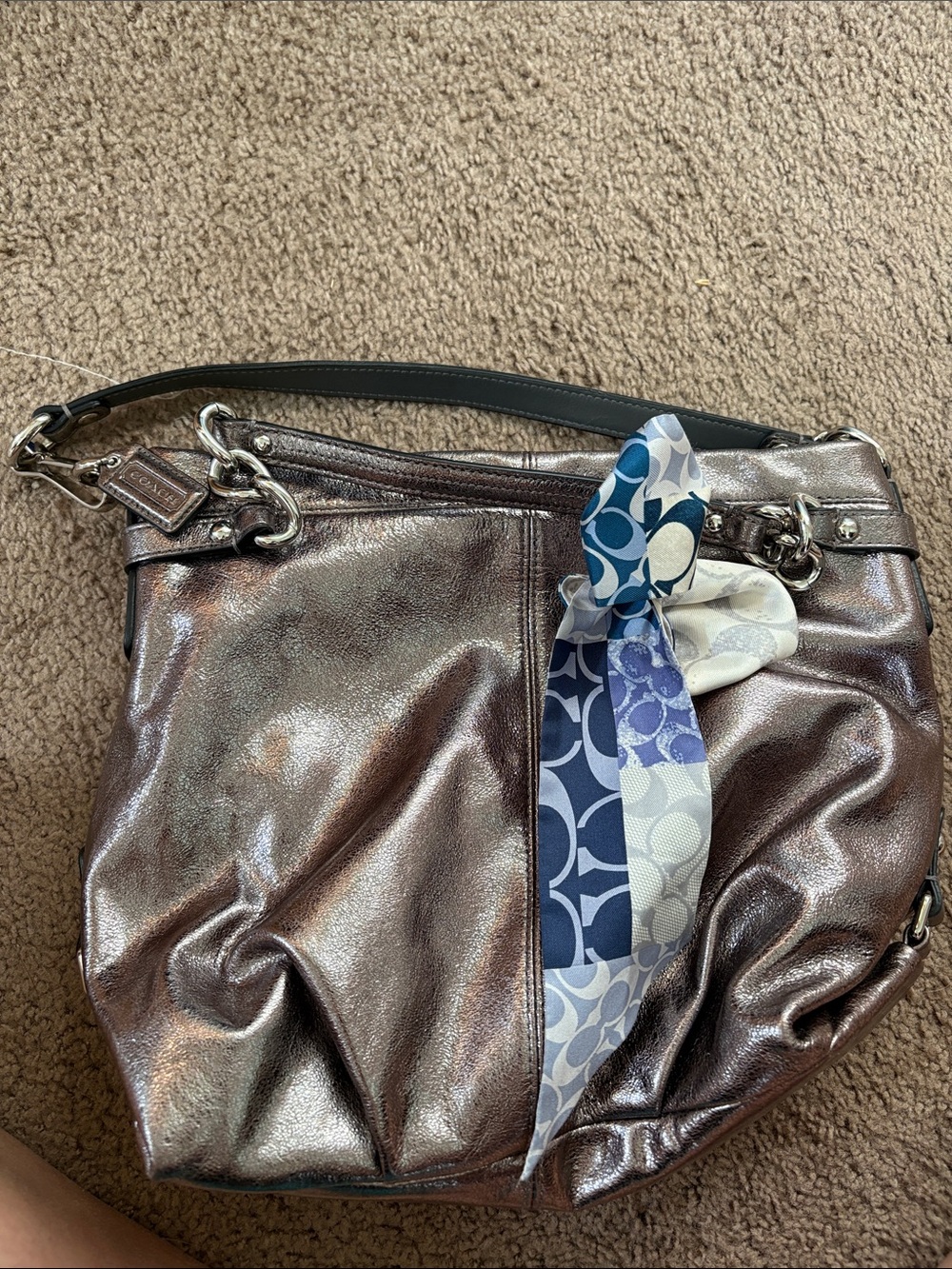 Coach Metallic Bronze Leather Hobo with Logo Scarf Accent